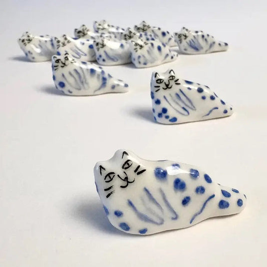 Handcrafted blue leopard cat figurines, small set with whisker faces