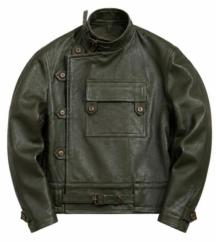 Handemade Men's Military Green Lambskin Leather Field Jacket