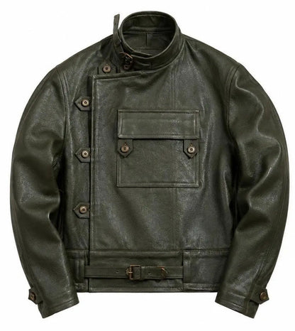 Handemade Men's Military Green Lambskin Leather Field Jacket