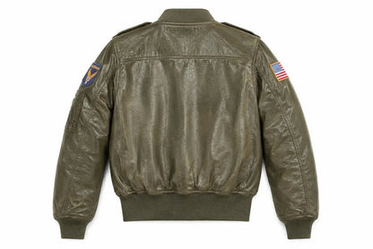 handmade 70's Aviator Bomber Jacket | Olive Green Sheepskin Leather Flight Jacket with Patches