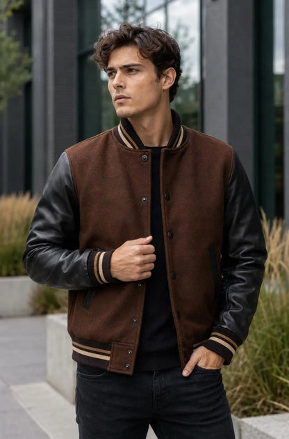 Handmade Brown Wool Varsity Jacket with Lambskin Leather Sleeves