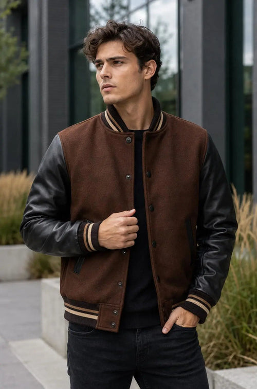 Handmade Brown Wool Varsity Jacket with Lambskin Leather Sleeves