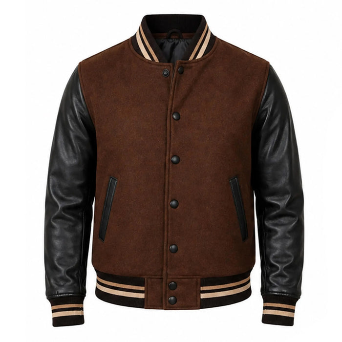 Handmade Brown Wool Varsity Jacket with Lambskin Leather Sleeves