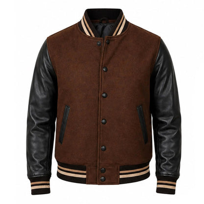 Handmade Brown Wool Varsity Jacket with Lambskin Leather Sleeves