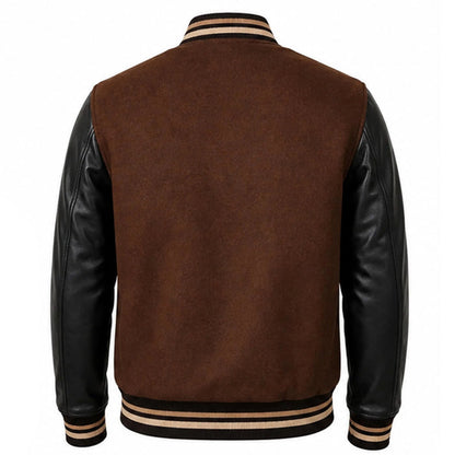 Handmade Brown Wool Varsity Jacket with Lambskin Leather Sleeves