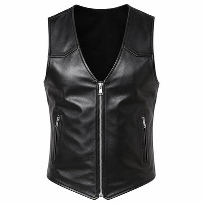 Handmade Men's Sheep Leather Gothic Vest | Sleeveless Punk Biker Zip-Up Waistcoat
