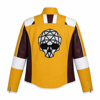 Handmade Skull Patch Cosplay Lambskin Leather Jacket for Men - Yellow Maroon Racer Jacket