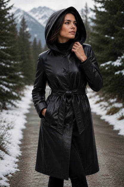 Handmade Women's Long Hooded Sheep Leather Coat | Black Belted Trench Style Leather Jacket