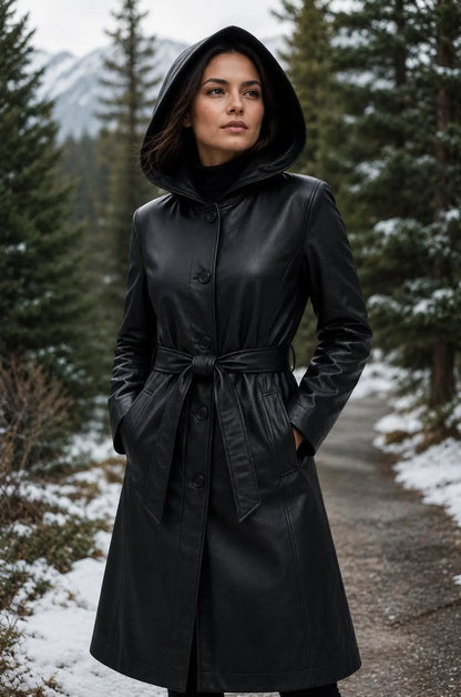 Handmade Women's Long Hooded Sheep Leather Coat | Black Belted Trench Style Leather Jacket