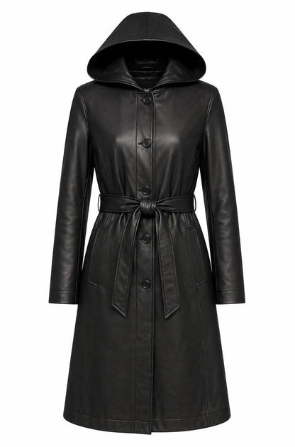 Handmade Women's Long Hooded Sheep Leather Coat | Black Belted Trench Style Leather Jacket
