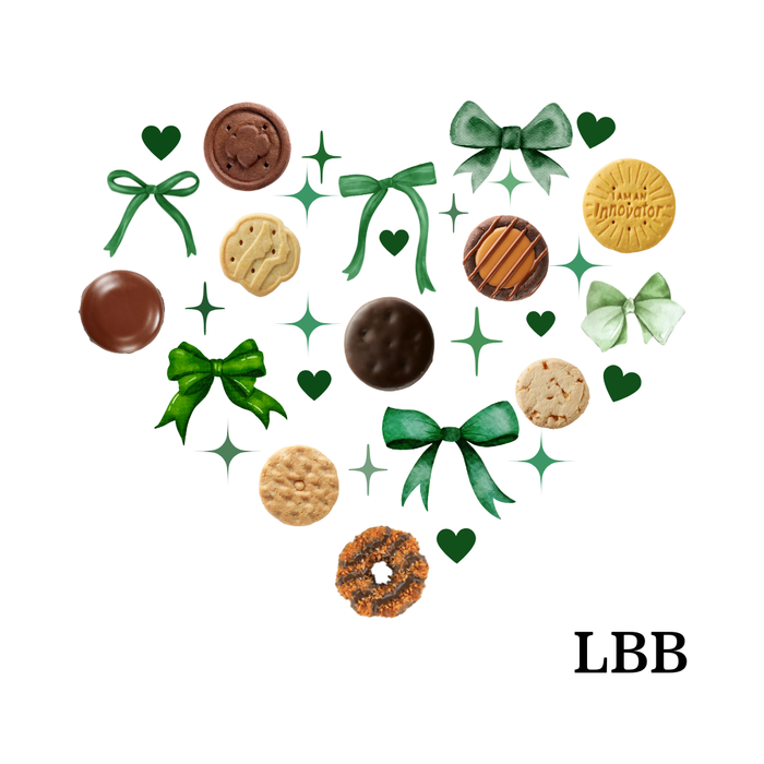 Assorted Girl Scout cookies and green bows arranged in a heart shape on a white background with 'LBB' branding.