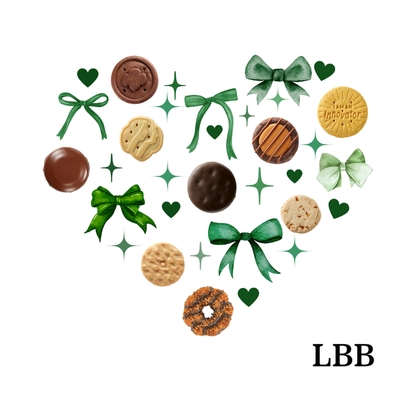 Assorted Girl Scout cookies and green bows arranged in a heart shape on a white background with 'LBB' branding.