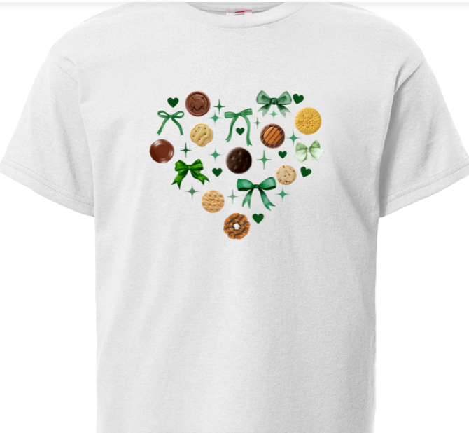 White t-shirt with a heart design featuring girl scout cookies and bows on a white background