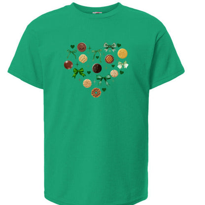 Green t-shirt with a heart-shaped design of girl scout cookies and bows on a white background