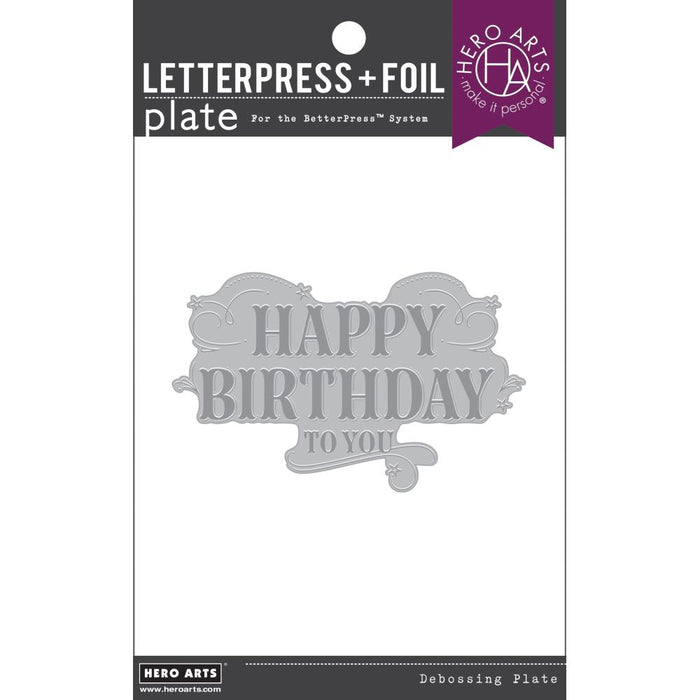 Hero Arts - Letterpress &amp; Foil Plate - Happy Birthday. Welcome to our first Letterpress + Foil plate for the Spellbinders BetterPress system! This snowy tree scene really stands out when used for foiling. Available at Embellish Away located in Bowmanville Ontario Canada.