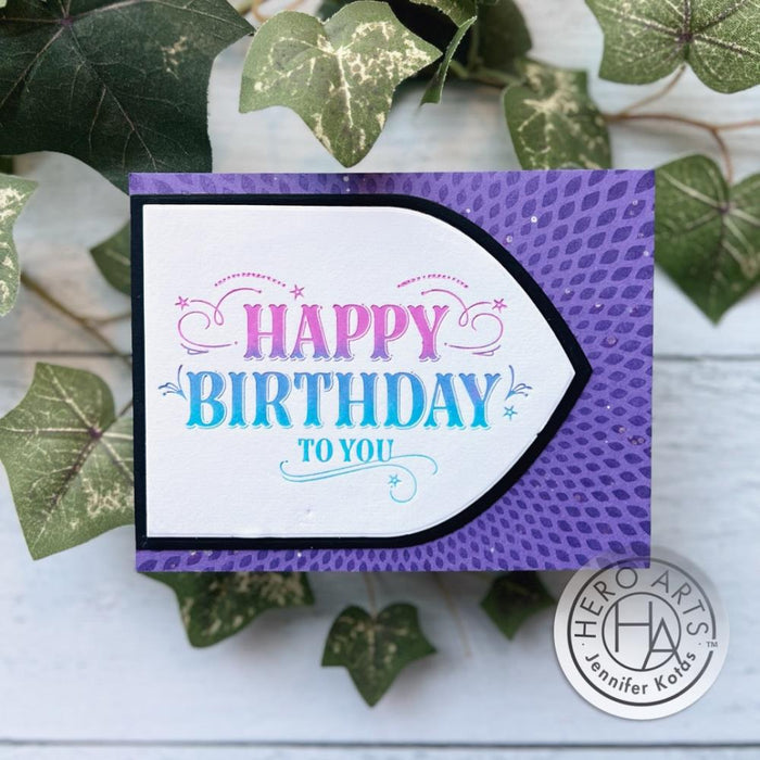 Hero Arts - Letterpress &amp; Foil Plate - Happy Birthday. Welcome to our first Letterpress + Foil plate for the Spellbinders BetterPress system! This snowy tree scene really stands out when used for foiling. Available at Embellish Away located in Bowmanville Ontario Canada. Example by brand ambassador.