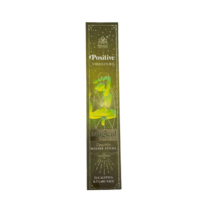 Incense stick packaging with 'Positive Vibrations' and 'Magical' branding on a white background