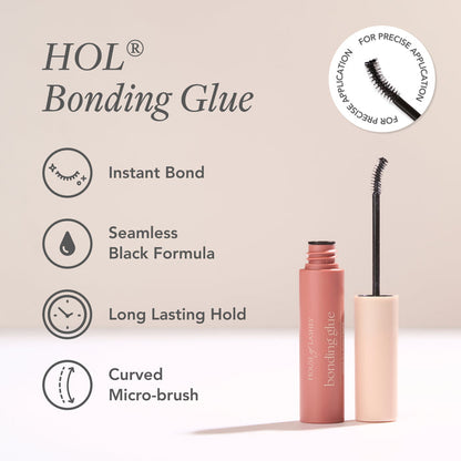 HOL Bonding Glue bottle with wand on right and feature icons for Instant Bond and Long Lasting Hold