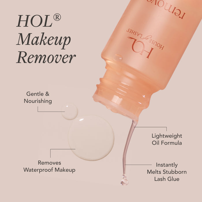 HOL Makeup Remover bottle tilted with liquid dripping showing a gentle nourishing formula for removing waterproof makeup.