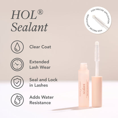 HOL Sealant product layout showing a pink bottle right and icons for clear coat lash wear and water resistance on the left.