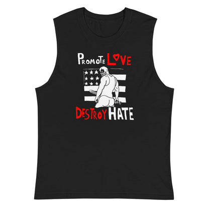 Black sleeveless shirt with graphic design and text on a white background