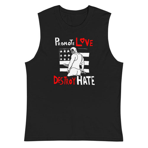 Black sleeveless shirt with graphic design and text on a white background