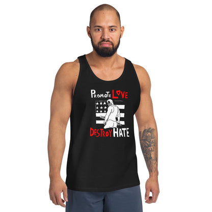 Man wearing a black tank top with a graphic design on a white background