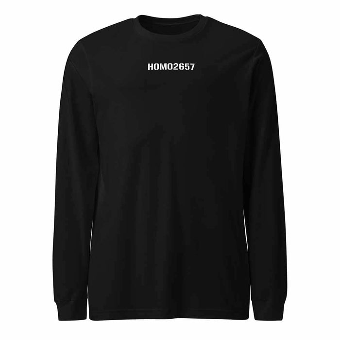 Black long-sleeve shirt with 'HOMO2657' text on a white background
