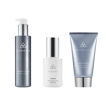 CosMedix Hydration Bundle with Benefit Clean Gentle Cleanser on left, Surge Hyaluronic Acid Booster in center, and Skin Thirst Moisturizing Cream on right