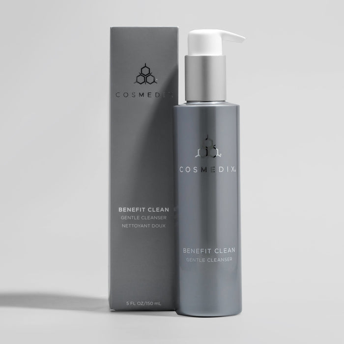 Cosmedix Benefit Clean Gentle Cleanser bottle and packaging on a light gray background