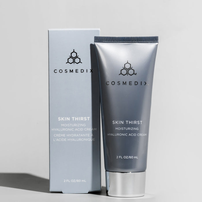 Cosmedix Skin Thirst moisturizing hyaluronic acid cream tube and packaging on a light gray background