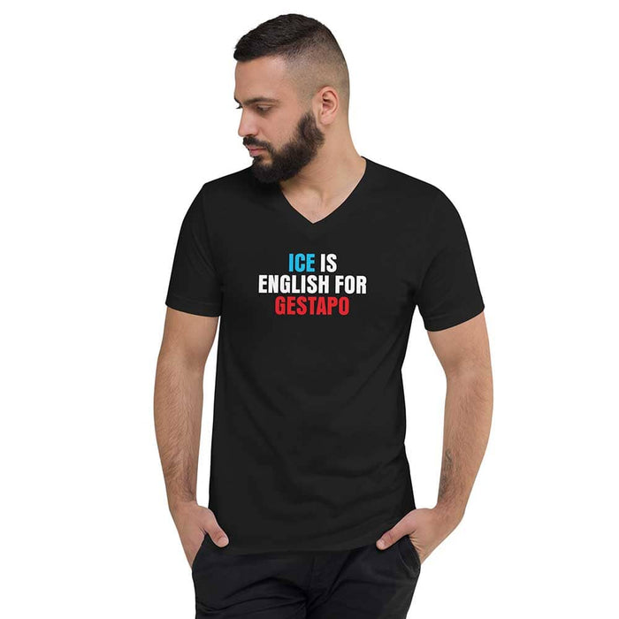 ice is english for gestapo black vneck tee on man