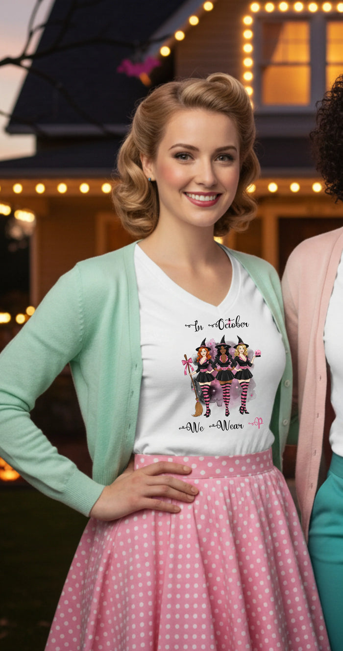 In October We Wear Pink Witches - Breast Cancer Awareness - Deep V-Neck Tee