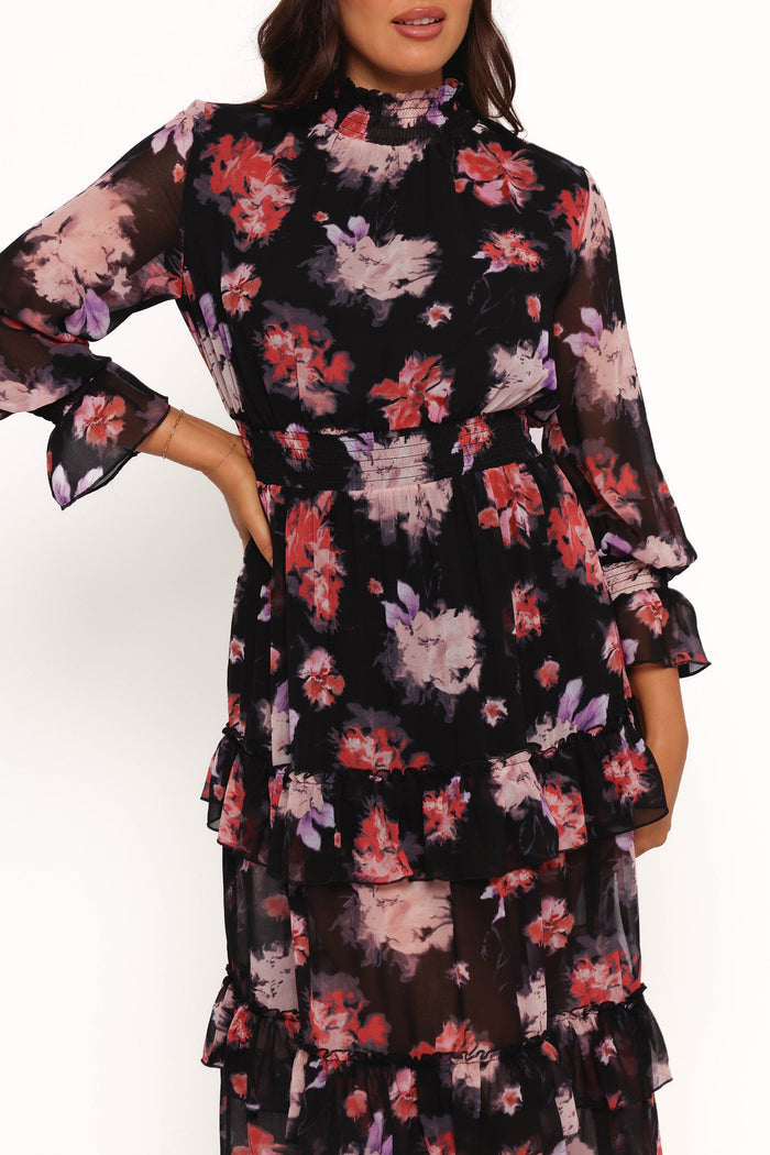 Petal and Pup USA DRESSES Isadora Long Sleeve Maxi Dress - Black Blurred Floral