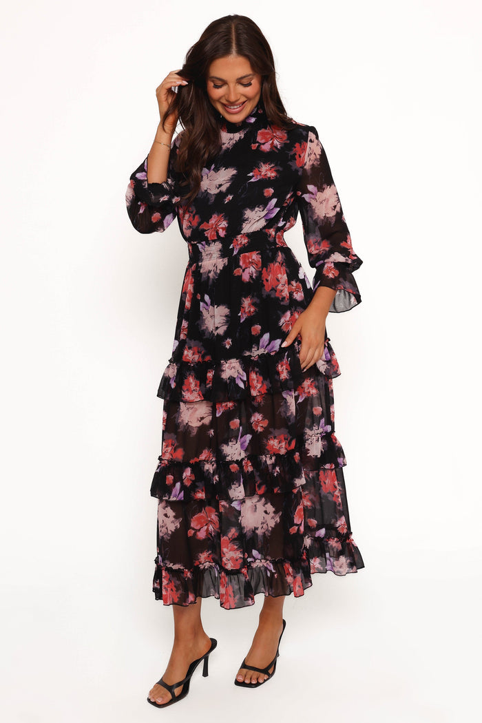 Petal and Pup USA DRESSES Isadora Long Sleeve Maxi Dress - Black Blurred Floral