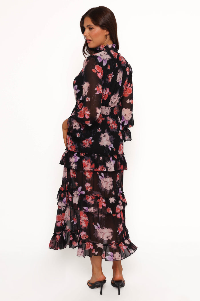Petal and Pup USA DRESSES Isadora Long Sleeve Maxi Dress - Black Blurred Floral