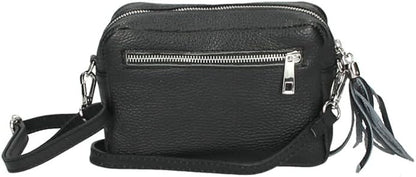 Italian leather crossbody messenger sling bag with tassel for women - Black