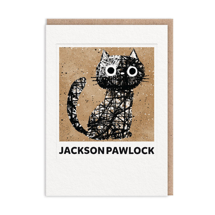 Jackson Pawlock cat illustration greeting card with speckled black design and bold text