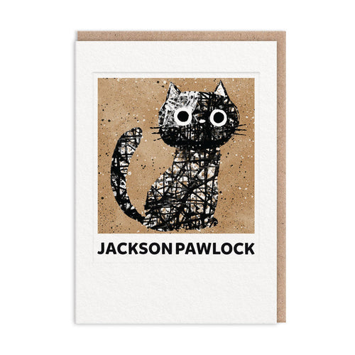 Jackson Pawlock cat illustration greeting card with speckled black design and bold text