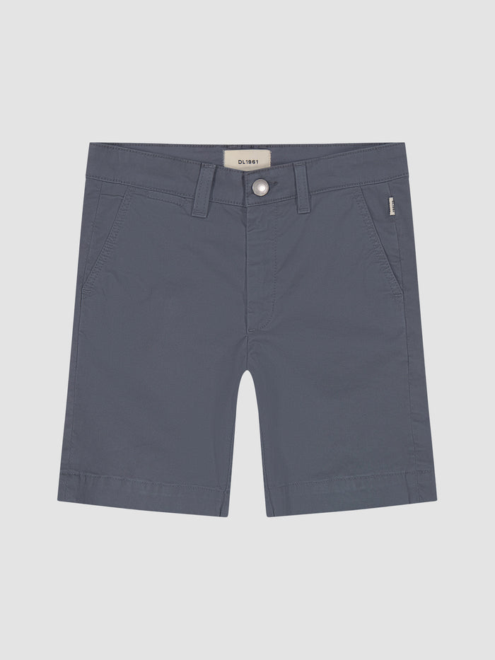 DL1961 boys' Jacob Chino Short in slate blue-grey twill 'Blue Clouds', flat front view.