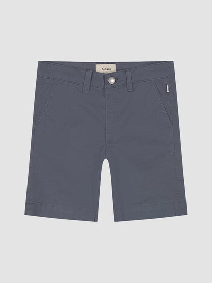 DL1961 boys' Jacob Chino Short in slate blue-grey twill 'Blue Clouds', flat front view.