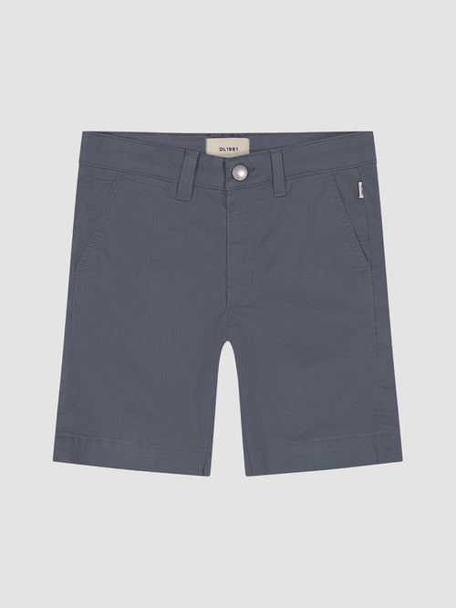 DL1961 boys' Jacob Chino Short in slate blue-grey twill 'Blue Clouds', flat front view.