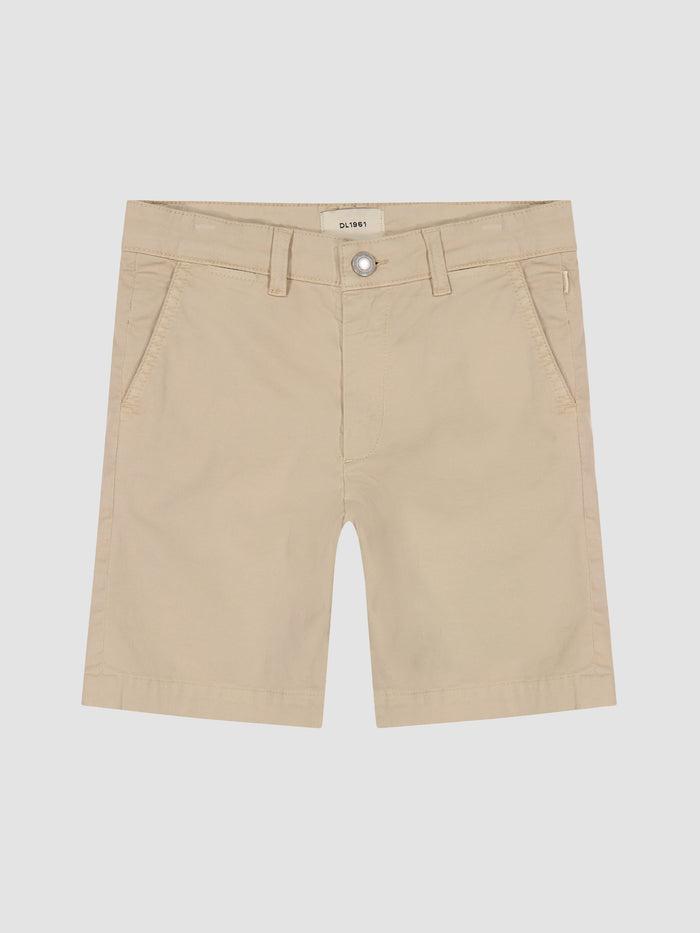 DL1961 boys' Jacob Chino Short in light beige twill 'Brut', flat front view.