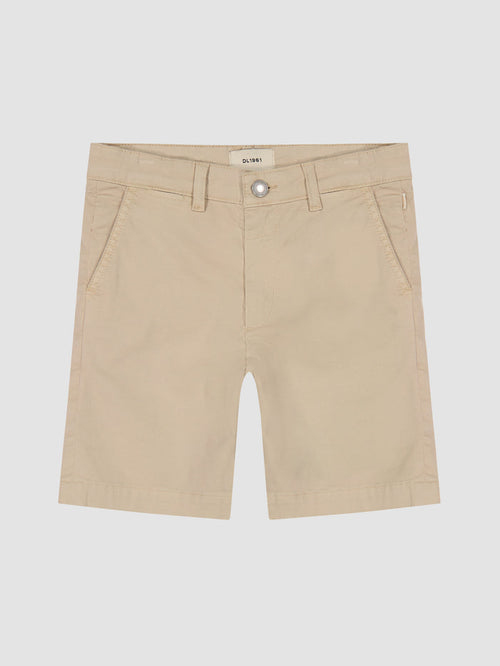 DL1961 boys' Jacob Chino Short in light beige twill 'Brut', flat front view.