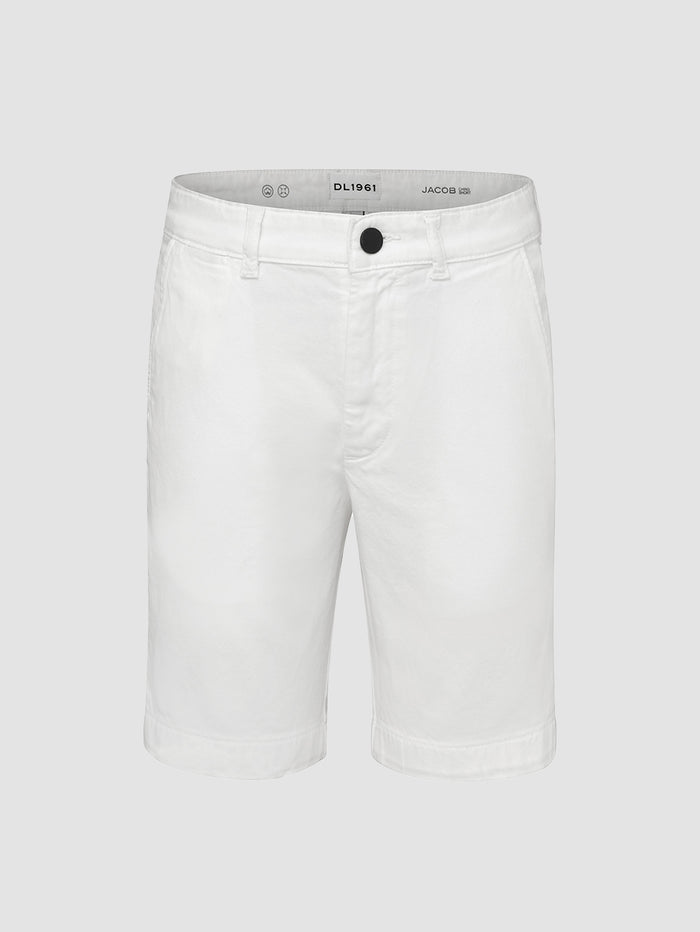 DL1961 boys' Jacob Chino short in white 'Medallion', flat front view.