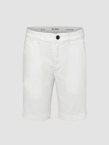 DL1961 boys' Jacob Chino short in white 'Medallion', flat front view.