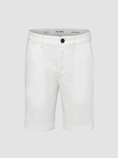 DL1961 boys' Jacob Chino short in white 'Medallion', flat front view.