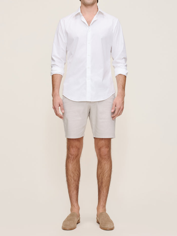 DL1961 men's Jake chino shorts in light grey 'Light Grey', front view on model with white shirt.