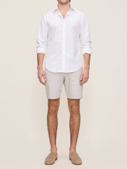 DL1961 men's Jake chino shorts in light grey 'Light Grey', front view on model with white shirt.