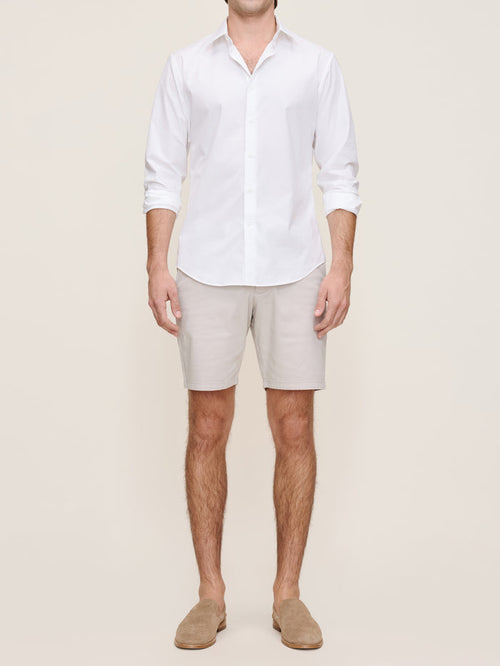 DL1961 men's Jake chino shorts in light grey 'Light Grey', front view on model with white shirt.